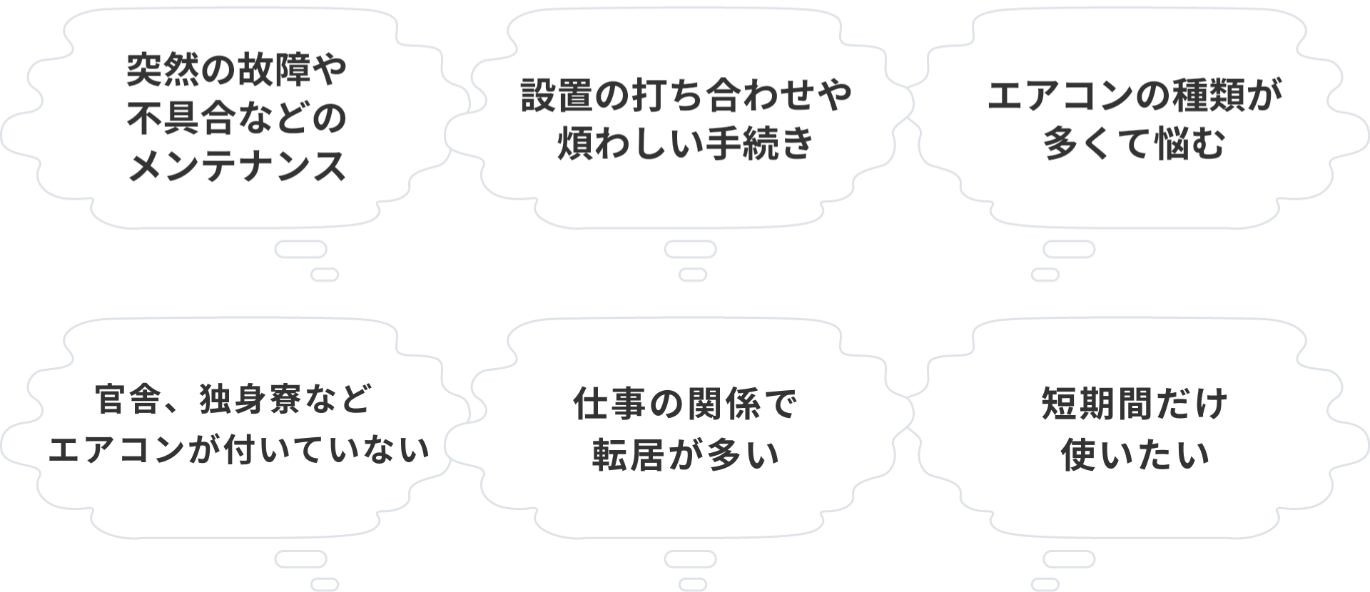 突然の故障や不具合などのメンテナンス、設置の打ち合わせや煩わしい手続き、エアコンの種類が多くて悩む